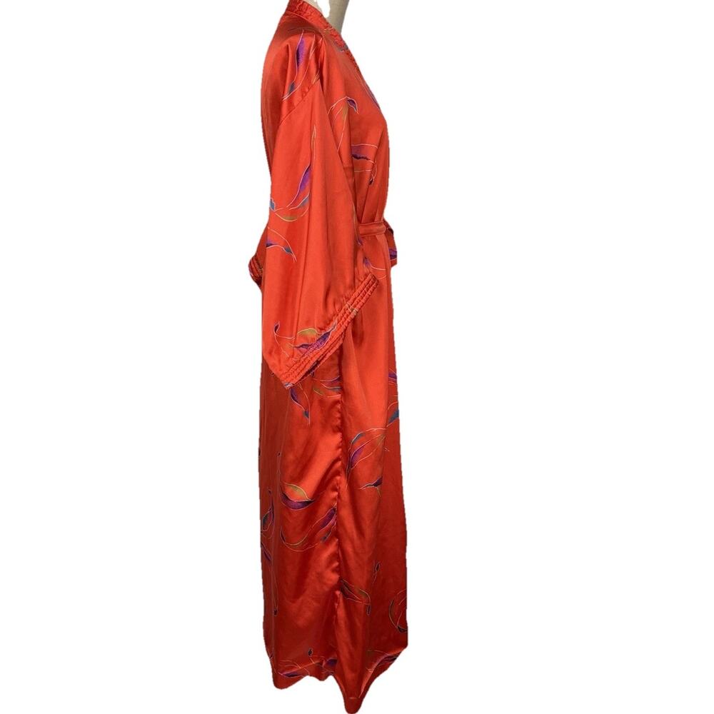 Vintage California Dynasty Style Kimono Robe Belt Red Botanical Satin Size Large - Picture 10 of 14